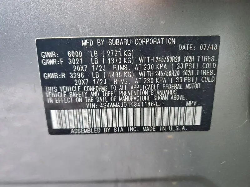 2019 SUBARU ASCENT LIMITED  