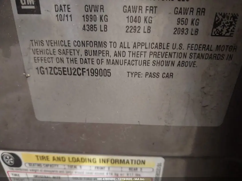 2012 CHEVROLET MALIBU 1LT