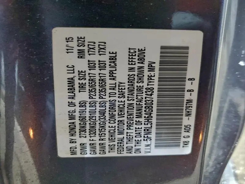 2016 HONDA ODYSSEY EXL  