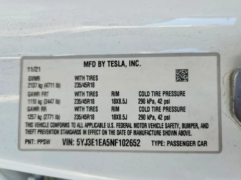 2022 TESLA MODEL 3   