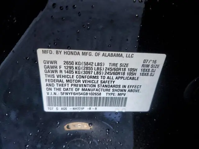 2016 HONDA PILOT EXL  