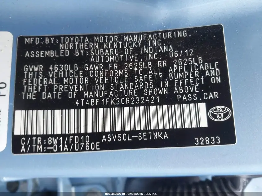 2012 TOYOTA CAMRY LE