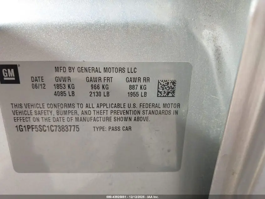 2012 CHEVROLET CRUZE 1LT