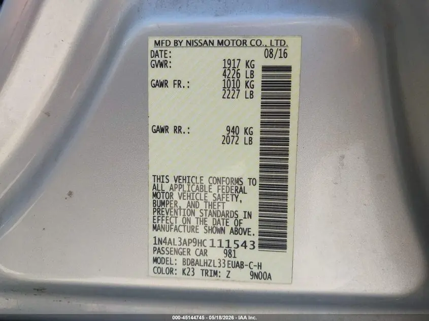 2017 NISSAN ALTIMA 2.5 SR