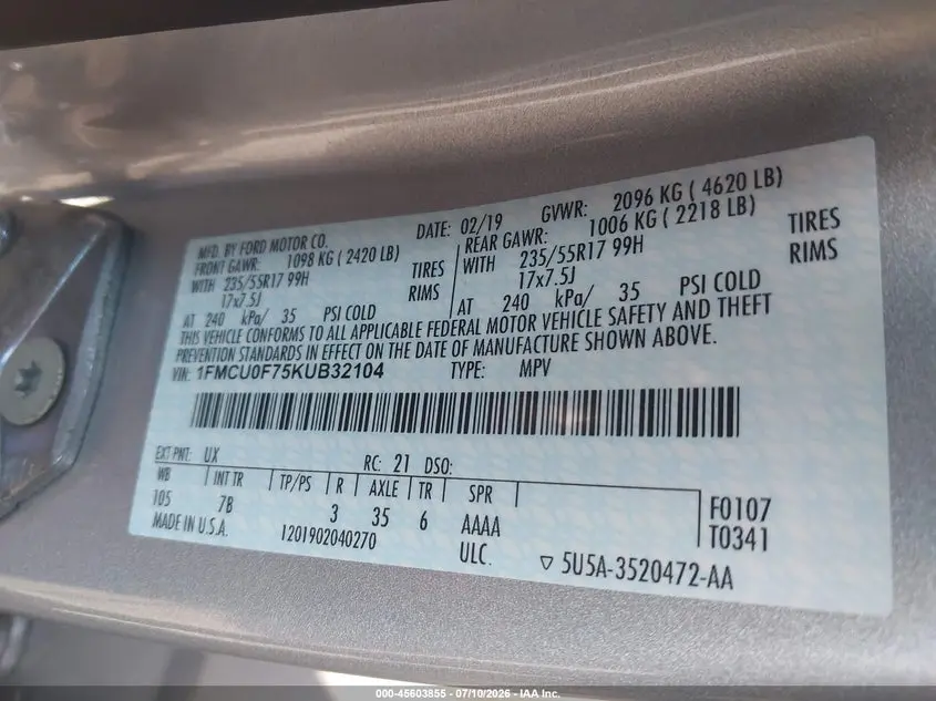 2019 FORD ESCAPE S