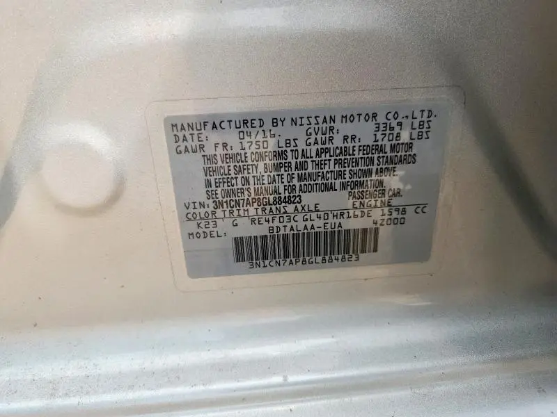 2016 NISSAN VERSA 1.6 S  