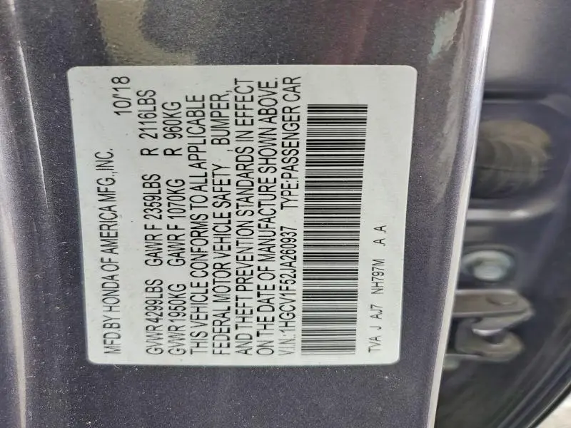 2018 HONDA ACCORD EXL  