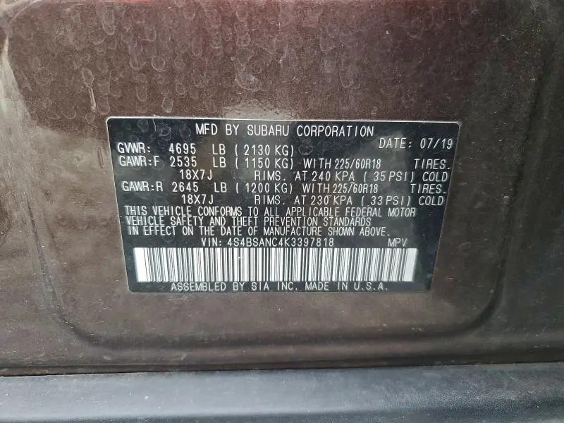 2019 SUBARU OUTBACK 2.5I LIMITED  