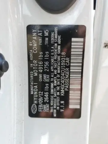 2012 HYUNDAI GENESIS 3.8L  