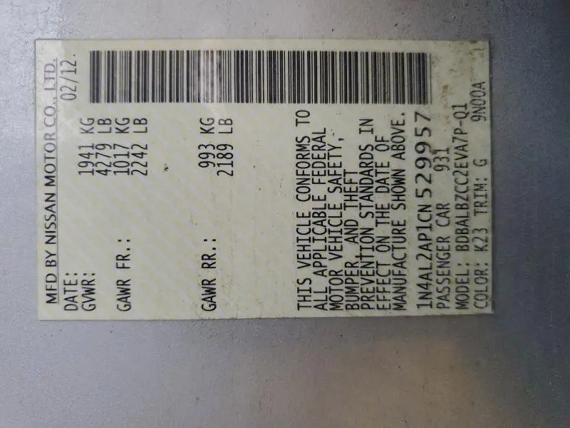 2012 NISSAN ALTIMA BASE  