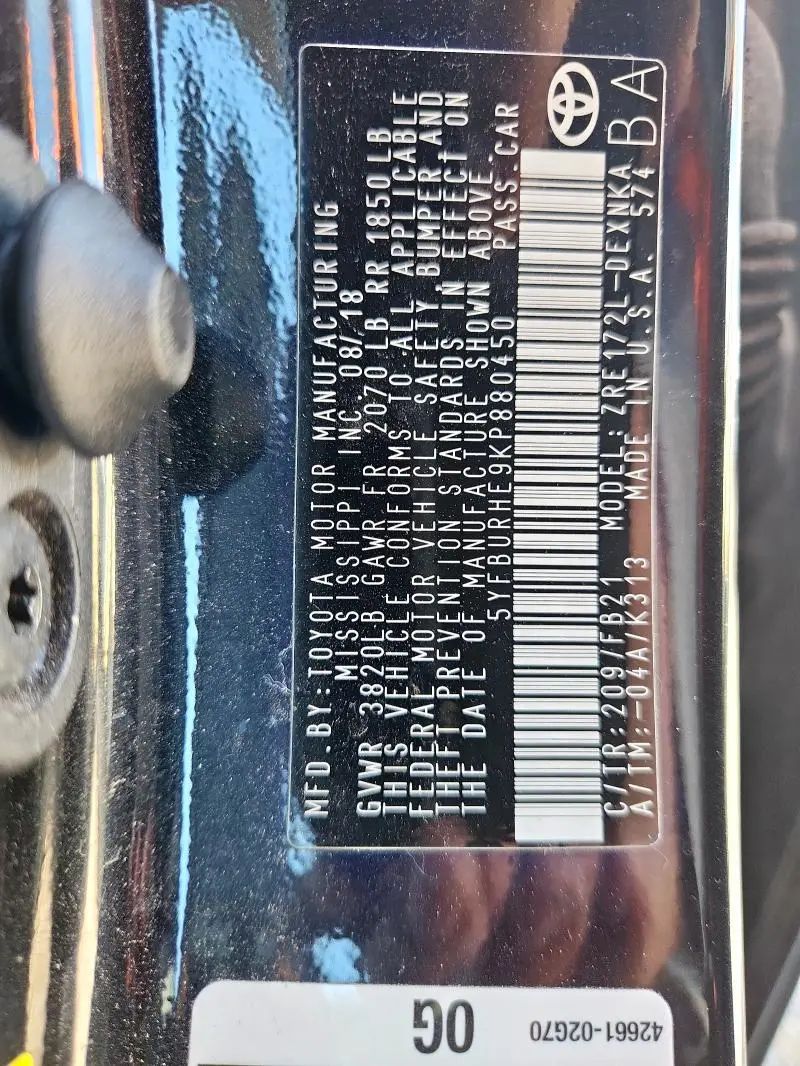 2019 TOYOTA COROLLA L  