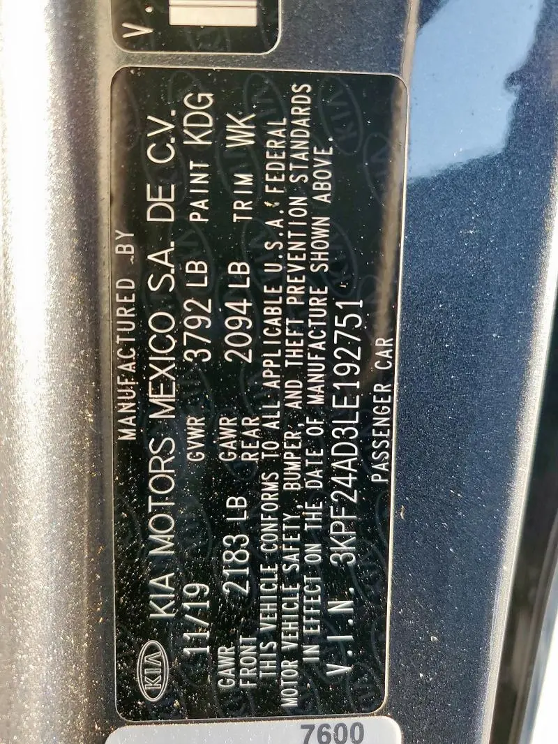 2020 KIA FORTE FE  