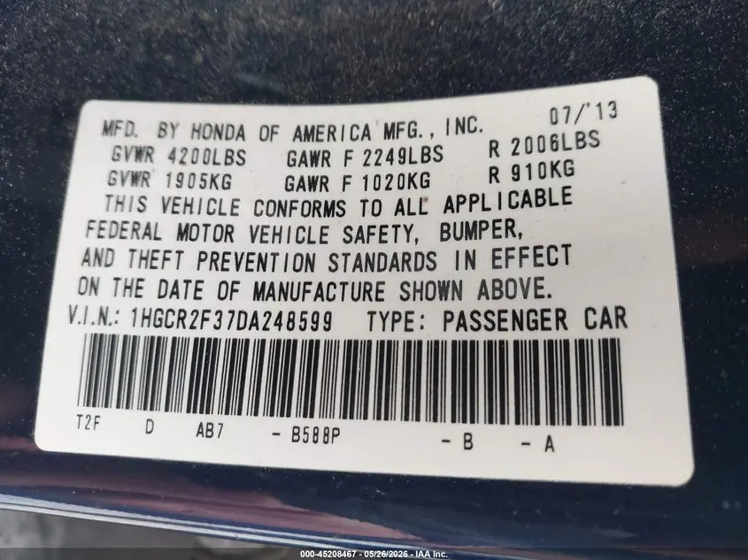 2013 HONDA ACCORD LX