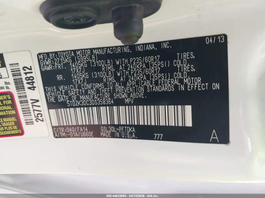 2013 TOYOTA SIENNA L V6 7 PASSENGER