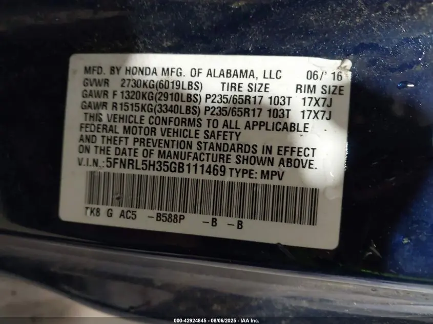 2016 HONDA ODYSSEY SE