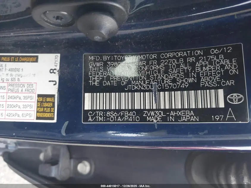 2012 TOYOTA PRIUS THREE