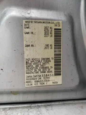 2016 NISSAN ALTIMA 2.5  
