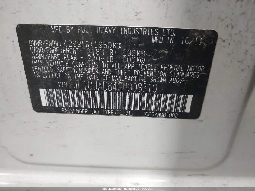 2012 SUBARU IMPREZA 2.0I PREMIUM