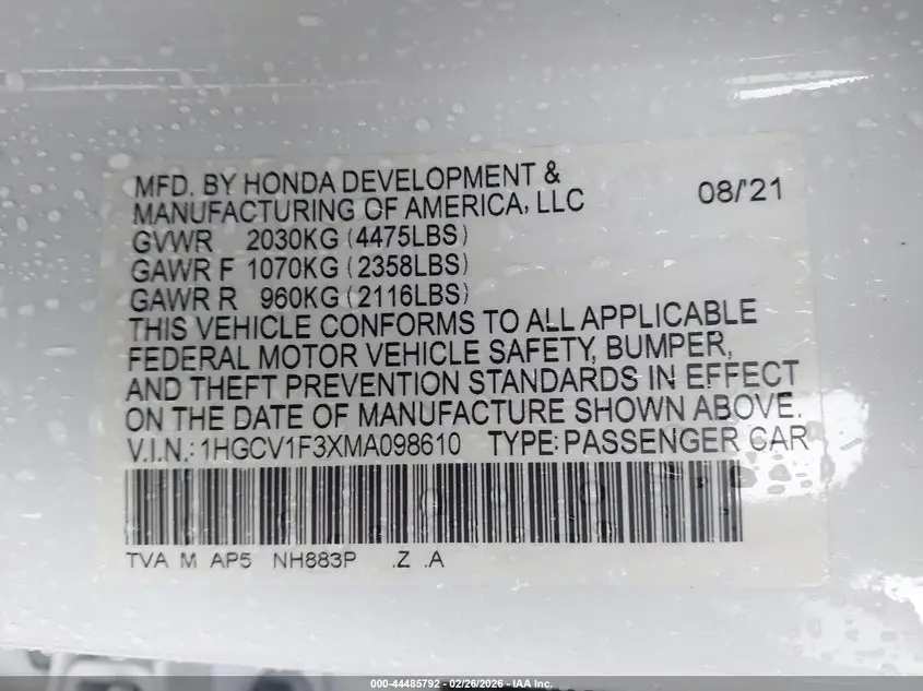 2021 HONDA ACCORD SPORT