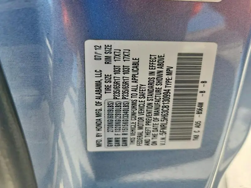 2012 HONDA ODYSSEY EXL  