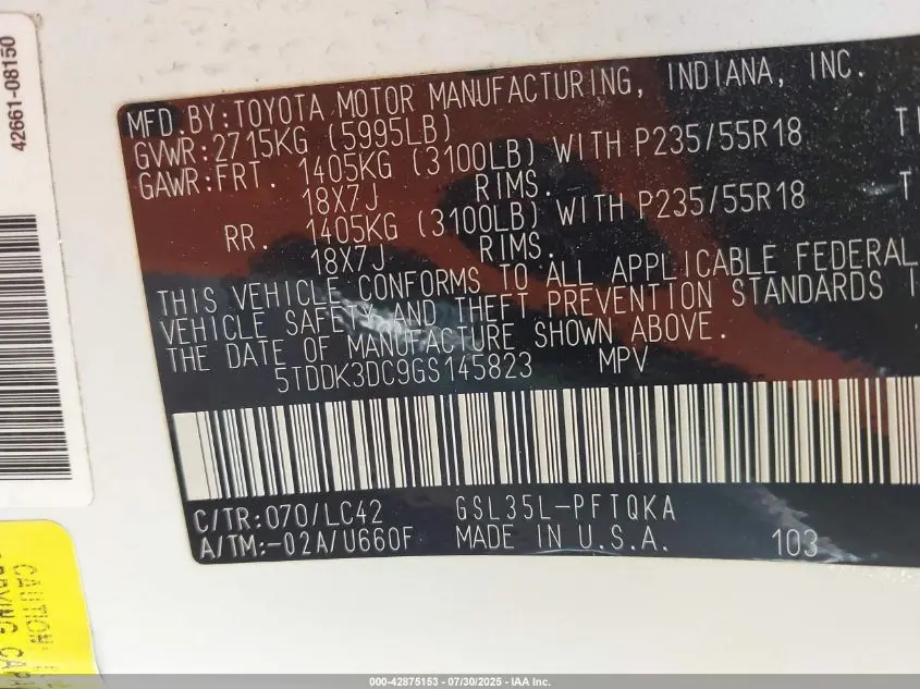 2016 TOYOTA SIENNA XLE 7 PASSENGER