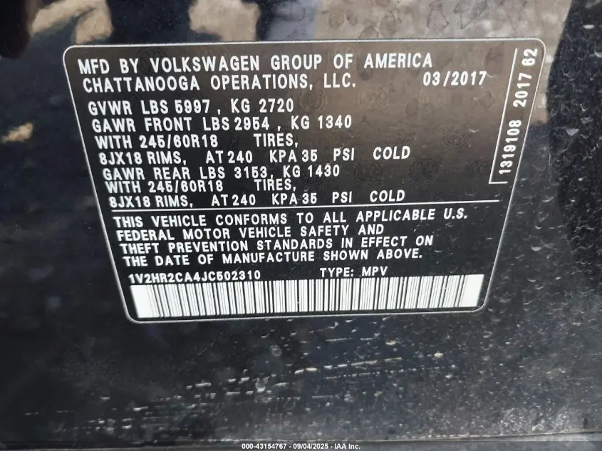 2018 VOLKSWAGEN ATLAS 3.6L V6 LAUNCH EDITION