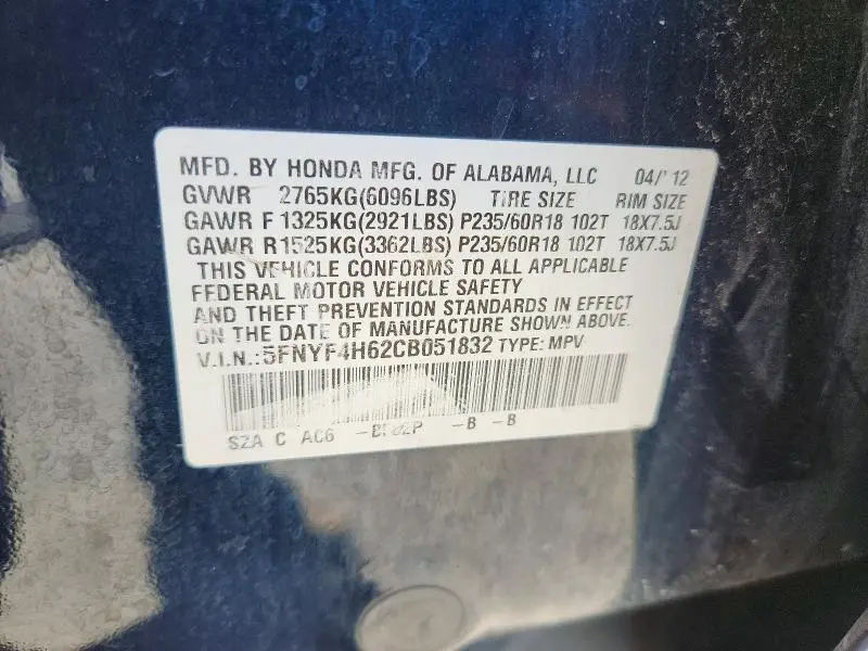 2012 HONDA PILOT EXL  