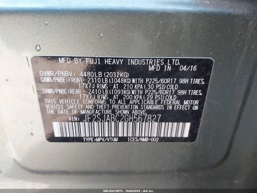 2016 SUBARU FORESTER 2.5I