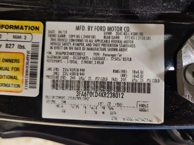 2019 FORD FUSION SEL  
