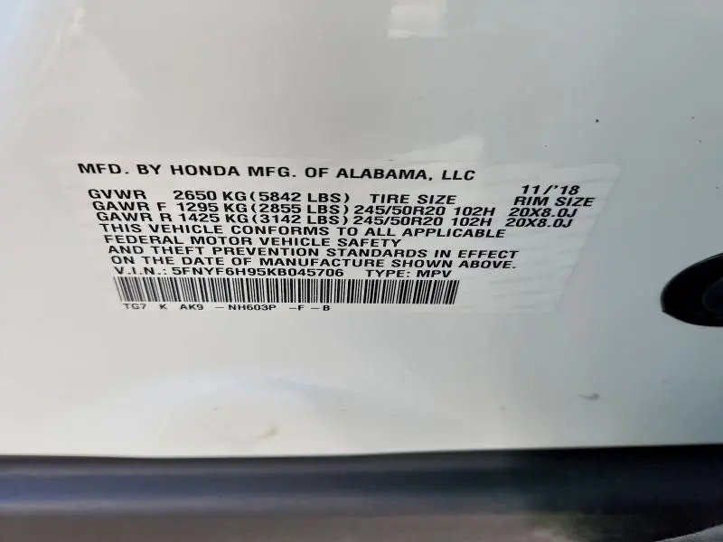 2019 HONDA PILOT TOURING  