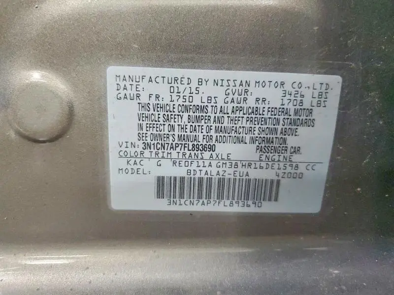 2015 NISSAN VERSA 1.6 S PLUS  