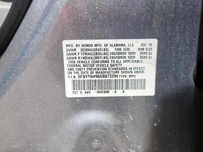 2016 HONDA PILOT TOURING  