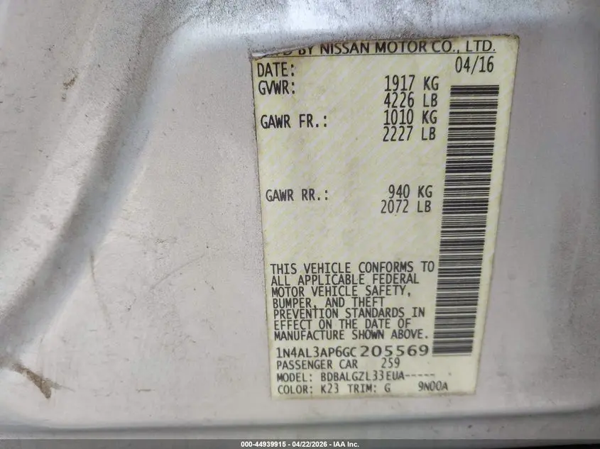 2016 NISSAN ALTIMA 2.5/2.5 S/2.5 SL/2.5 SR/2.5 SV
