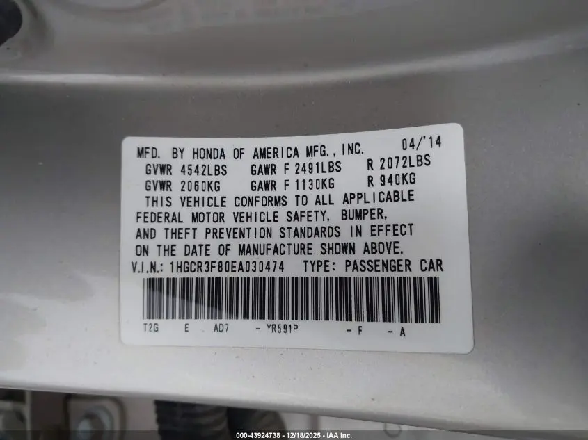 2014 HONDA ACCORD EX-L V-6