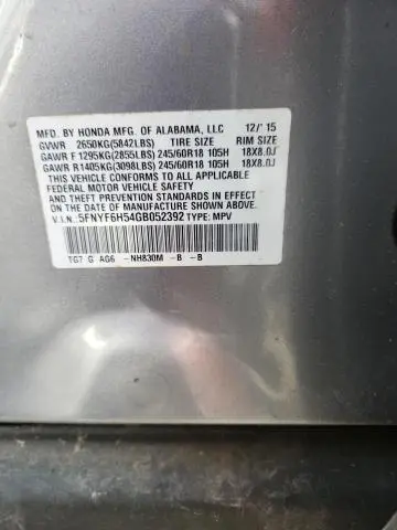 2016 HONDA PILOT EXL  