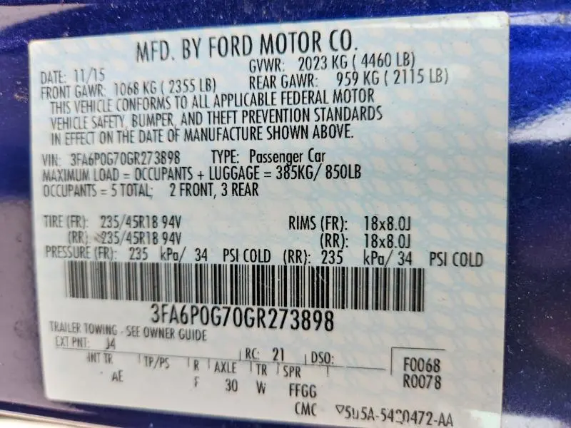 2016 FORD FUSION S  