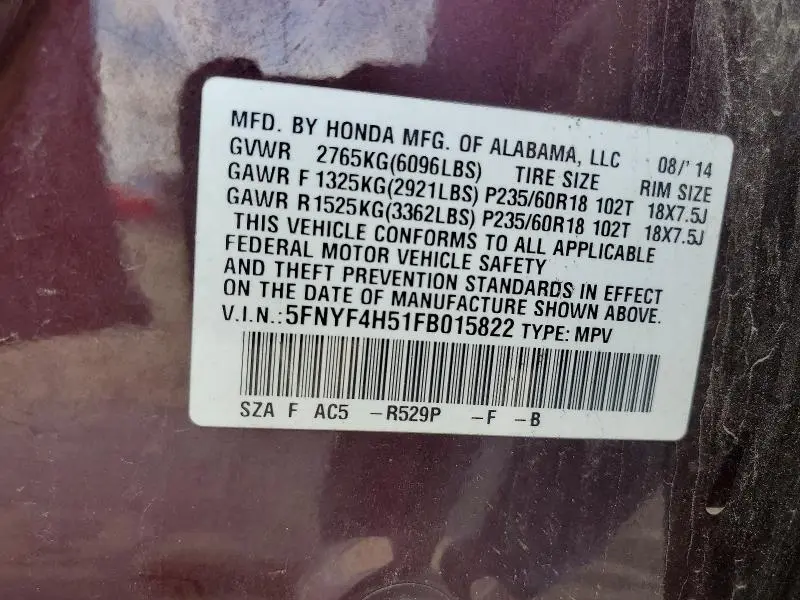 2015 HONDA PILOT EXL  