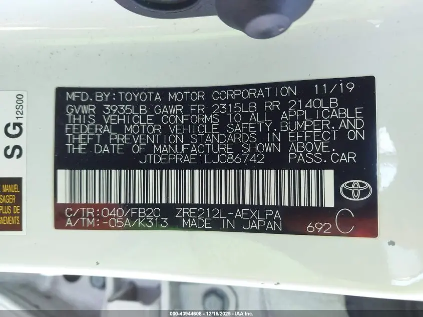 2020 TOYOTA COROLLA LE