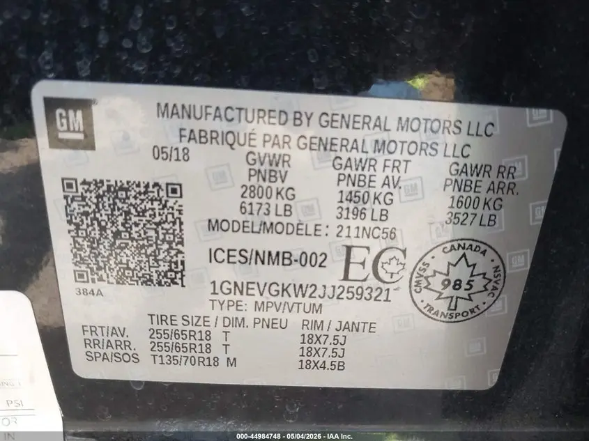 2018 CHEVROLET TRAVERSE LT CLOTH