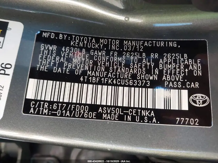 2012 TOYOTA CAMRY LE