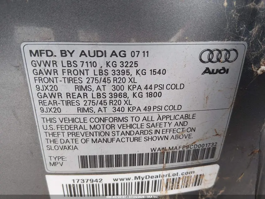 2012 AUDI Q7 3.0 TDI PREMIUM