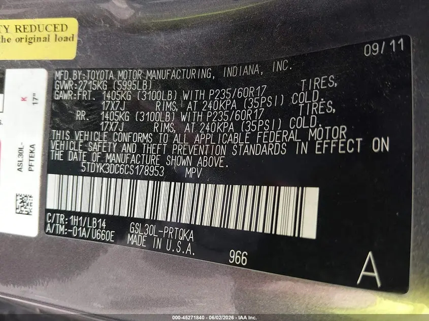 2012 TOYOTA SIENNA XLE V6 8 PASSENGER