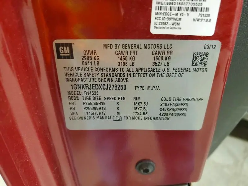 2012 CHEVROLET TRAVERSE LT  