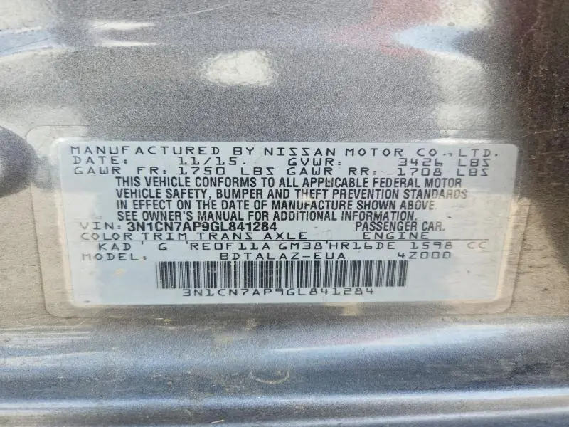 2016 NISSAN VERSA 1.6 S PLUS  