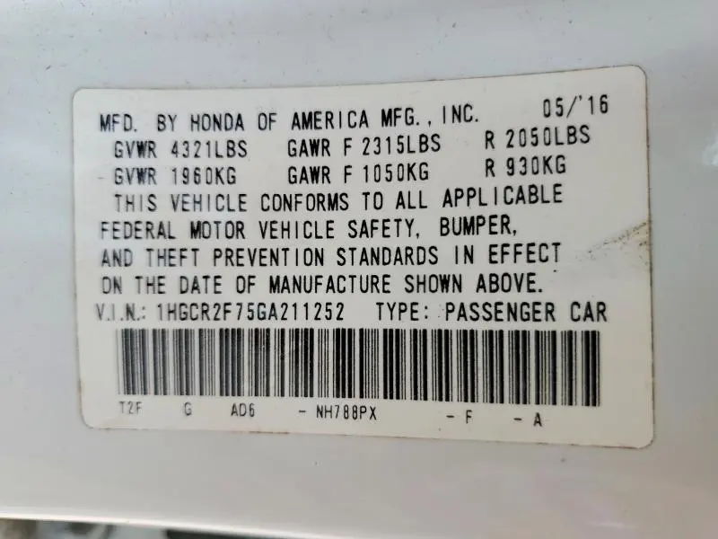 2016 HONDA ACCORD EX  