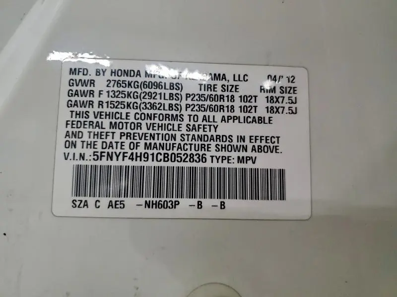 2012 HONDA PILOT TOURING  