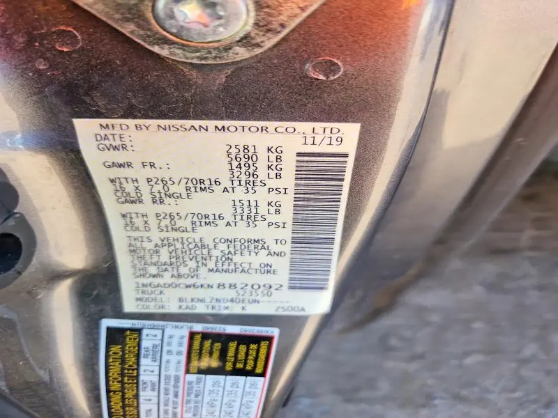2019 NISSAN FRONTIER SV V6  