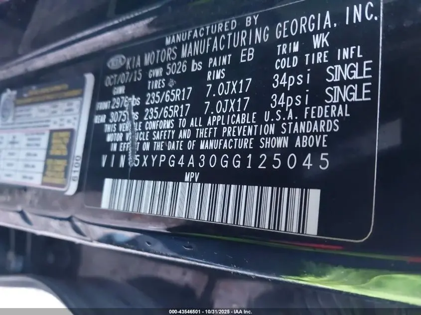 2016 KIA SORENTO 2.4L L