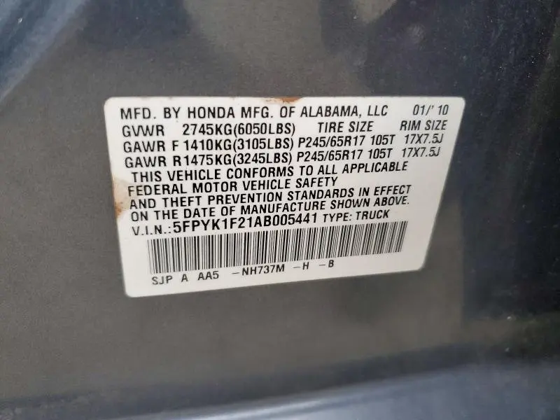 2010 HONDA RIDGELINE RT  