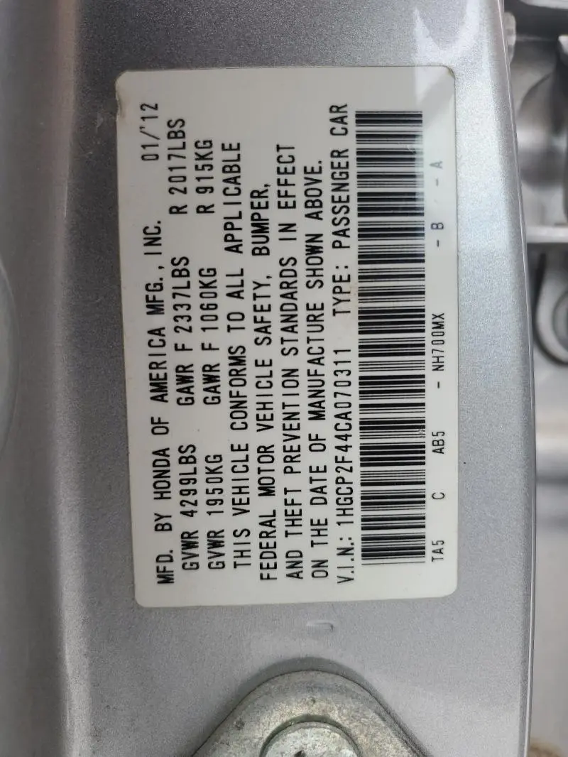 2012 HONDA ACCORD LXP  